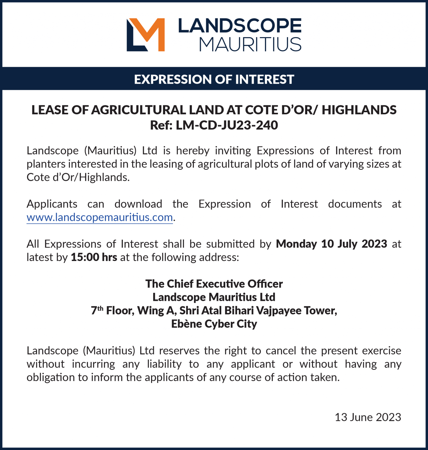 Expression Of Interest Lease Of Agricultural Land At Cote D’or/ Highlands Landscope Mauritius Ltd.